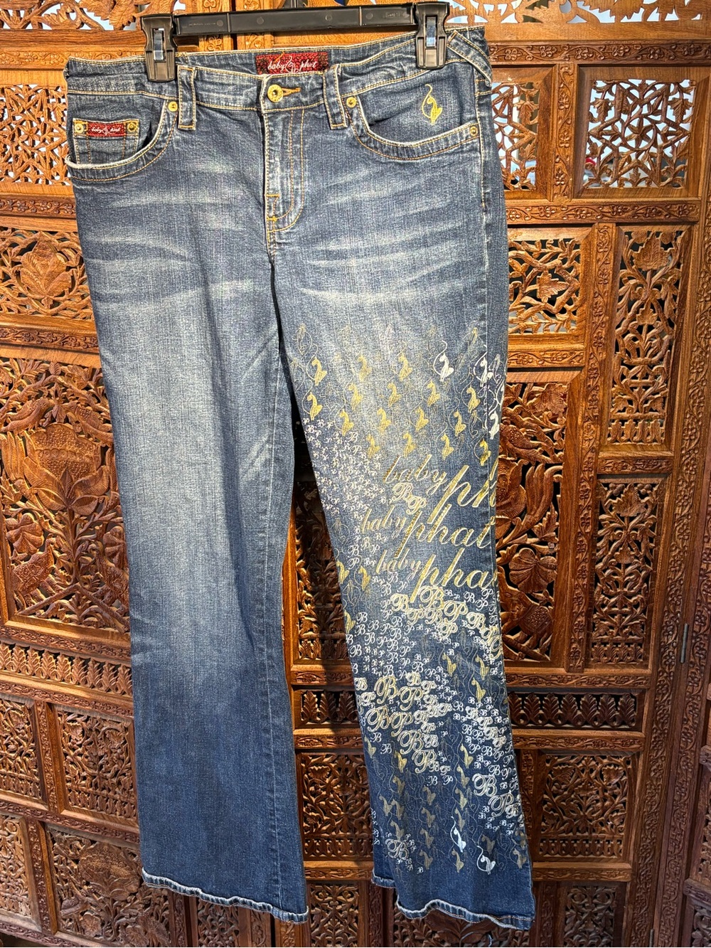 Vintage Baby Phat Embellished Blue Denim Wide Leg Jeans with Gold Script